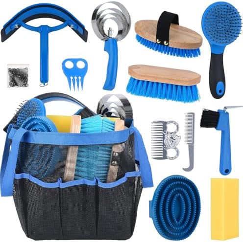 13 Piece Horse Grooming Kit, Horse Brushes for Grooming Supplies with Portable Bag, Horse Brush Set & Curry Comb for Effective Bathing and Massaging, Gift for Horses Riders Beginners (Blue)