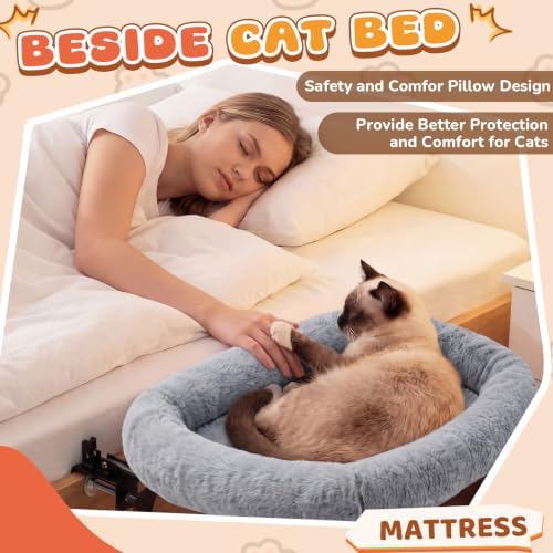 Lewtemi Bedside Pet Bed, Hanging Cat Hammock Attached to Bed or Desk, Gray