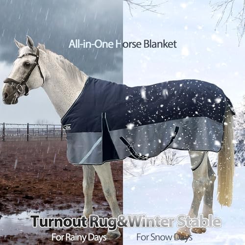 1200D Winter Horse Blanket,300g Fill,Black/Gray 81''