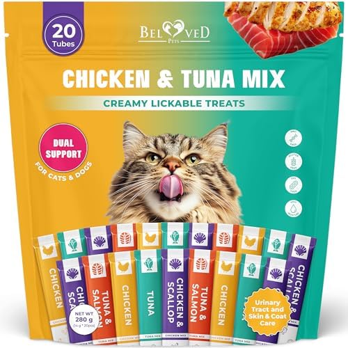 Beloved Pets Creamy Lickable Cat Treats & Wet Squeeze Tubes – Tuna Mix, Liquid Cat Snacks, Urinary Care, Multivitamin Treats for Cats & Small Dogs, Lick Up (10 Ounce, Tuna + Chicken Mix 20 Sticks)