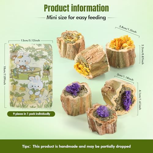 Abizoo Rabbits Chew Toys Organic Papaya Wood for Guinea Pigs Chinchillas Hamsters Small Animals Treats with Calendula Forget Me Nots and Alfalfa Hay Dental & Digestive Support No Additives 4.23oz/120g