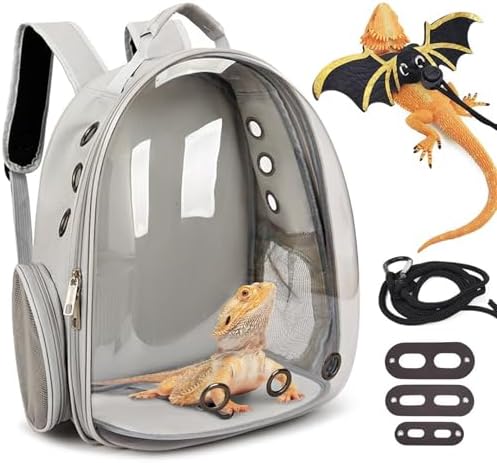 kathson Bearded Dragon Carrier with Harness and Leash Set, Large Reptile Travel Carrier Portable Lizard Backpack Clear Small Animals Carrying Bag for Gecko Hamster Rabbit Hedgehog Kitten (Gray)