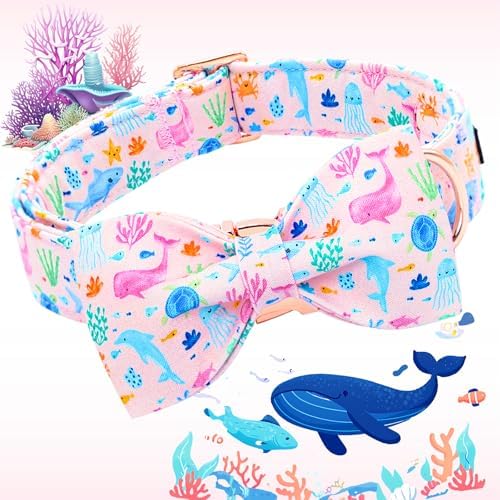 Lionheart glory Dog Bow Collar Sea Animals Print Pink Dog Collar for Small Dogs,Female Male Dog Collars with Bowtie Spring Summer Collars Soft Adjustable Pet Collar Bows