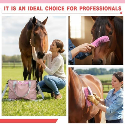 Abbylike 15 Pieces Horse Grooming Kit with Organizer Tote Bag Tack Room Supplies Horse Brush Sets Care Equine Cleaning Kit Shedding Grooming Massaging Tools(Pink and Grey)