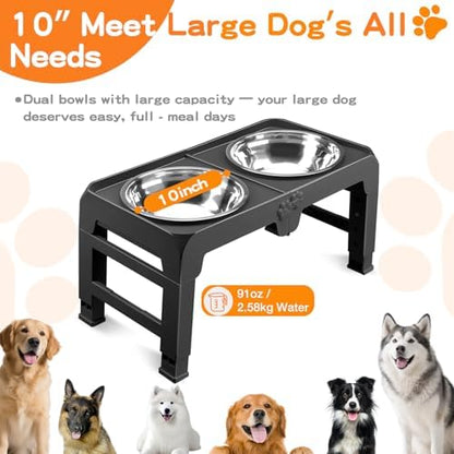 Elevated Dog Bowls for Large Dogs 5 Adjustable Heights 7.5"-15.4", 2 X-Large 10” Stainless Steel Bowls, Heavy Duty Raised Dog Bowl Stand Foldable Pet Feeder for Dogs Shoulder Height Over 15”, Black
