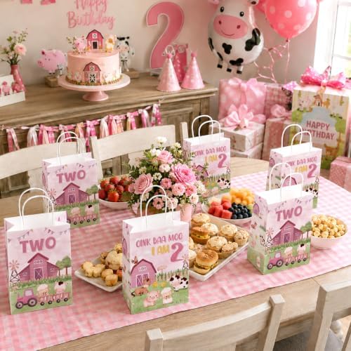 Greencian 16Pcs Farm 2nd Birthday Party Favor Bags Pink Goodie Bags