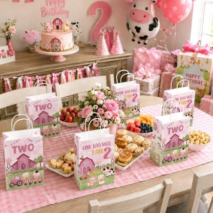 Greencian 16Pcs Farm 2nd Birthday Party Favor Bags Pink Goodie Bags