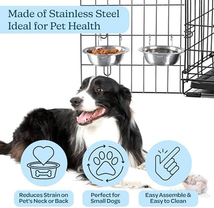 Set of 2 Stainless-Steel Dog Bowls - Cage, Kennel, and Crate Hanging Pet Bowls for Food and Water - 8oz Each and Dishwasher Safe by PETMAKER, Silver
