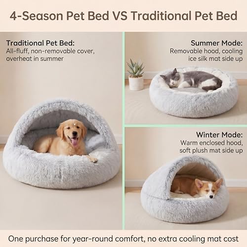 2-in-1 Convertible Cat & Dog Bed Cave with Removable Zipper Hood, Converts to Calming Donut Bed, Reversible Plush & Cooling Ice Silk Cushion (Grey, 19.7 in Small Size)