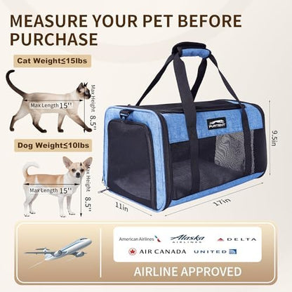Pet Carrier Airline Approved, Soft Sided Cat Carrier for Small Pets up to 13 lbs, TSA Approved Dog Travel Bag, Portable Soft Sided Pet Carrier for Kittens and Puppies (Blue, Travel Litter Box)