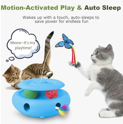 Interactive Cat Toy for Indoor Cats, 3-in-1 Automatic Kitten Toys with Fluttering Butterfly, Ambush Feather and Track Balls, USB Rechargeable Cat Enrichment & Exercise Toy