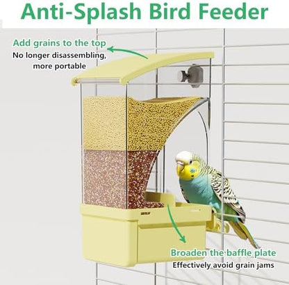 Hamiledyi Automatic Bird Feeder No Mess Bird Cage Feeder Transparent Acrylic Parrot Seed Food Container with Perch Cage Accessories for Parakeet Finch Lovebirds Budgies Canary (Yellow)