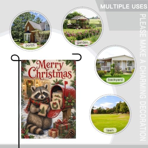 Christmas Raccoon House Flag 28x40 Inch Merry Holiday Mailbox Cards Scarf Gifts Snowy Rustic Farmhouse Outdoor Yard Lawn Porch Double Sided Banner Winter Welcome Decor