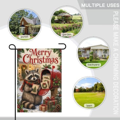 Christmas Raccoon House Flag 28x40 Inch Merry Holiday Mailbox Cards Scarf Gifts Snowy Rustic Farmhouse Outdoor Yard Lawn Porch Double Sided Banner Winter Welcome Decor