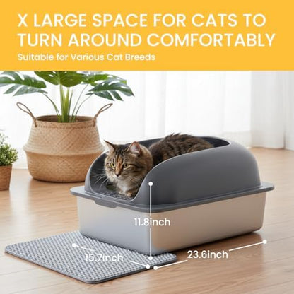 HealSmart Stainless Steel XL Cat Litter Box, Extra Large Cat Litter Box with Lid, High Sided Metal Litter Tray for Big Cats, Anti-Urine Leakage Non-Stick Easy Clean, Dark Gray