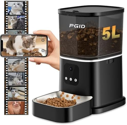 Automatic Cat Feeder with 4K Camera,2.4G Auto Dog Feeder w Night Vision,Pet Feeder w2-Way Audio,Timed Cat Feeders for Dry Food,Dogs Food Dispenser w APP Control 5L