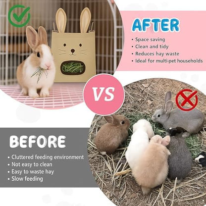Rabbit Hay Feeder Bag - Hanging Rabbit Hay Feeder for Rabbits, Guinea Pigs and Chinchillas, Moss and Alfalfa Hay (Khaki)