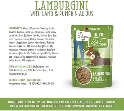 Weruva Dogs in the Kitchen, Lamburgini with Lamb & Pumpkin Au Jus Dog Food, 2.8oz Pouch (Pack of 12)