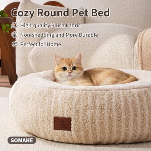 SOMAHE Donut Cat Bed, 25.6" Deep Bolster, Moon Velvet & Sherpa, Apricot
