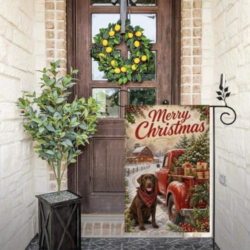 Christmas Labrador Garden Flag 12x18 Inch Merry Holiday Chocolate Dog Red Truck Tree Gifts Snowy Barn Rustic Farmhouse Outdoor Yard Lawn Porch Double Sided Banner Welcome Decor