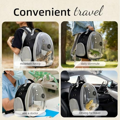 Bearded Dragon Backpack Carrier w/Reptile Thermometer Hygrometer, Clear Bubble Window Astronaut Space Capsule Travel Bag for Leopard Gecko, Ball Python, Lizard, Hermit Crab, Spider, Guinea Pig