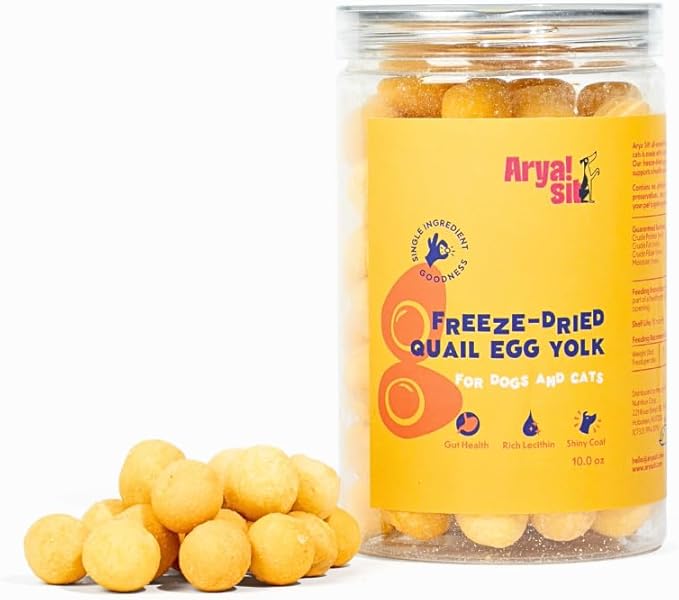 Arya Sit! - Freeze-Dried Single Ingredient Treat (Quail Egg Yolk) for Dogs and Cats - High Protein · Rich in Lecithin for Healthy Coat · No Artificial Ingredients · 4 oz/8 oz