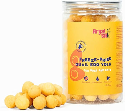 Arya Sit! - Freeze-Dried Single Ingredient Treat (Quail Egg Yolk) for Dogs and Cats - High Protein · Rich in Lecithin for Healthy Coat · No Artificial Ingredients · 4 oz/8 oz
