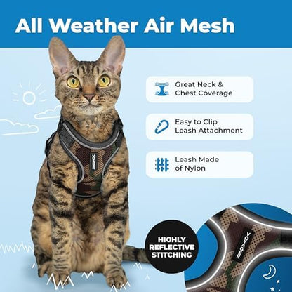 Voyager Escape-Proof Step-in Lock Cat Harness & 5ft Neoprene-Handle Leash Set All-Weather Mesh with Reflective Stitching for Small to Large Cats by Best Pet Supplies, Army (327), S