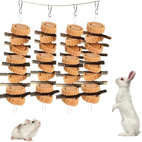 kathson Natural Small Animal Chew Toys for Teeth,4 PCS Rabbit Hanging Chewing Treats with Natural Organic Apple Stick Timothy Grass Carrot Cake for Hamsters Squirrel Guinea Pig Rabbits