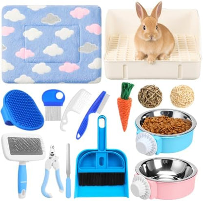 Reallnaive 15 Pcs Rabbit Starter Kit Small Rabbit Litter Box Girls Gift Animal Grooming Kit Bunny Toys Bowl Blankets with Cleaning Set for Guinea Pig Accessories(Cream White)