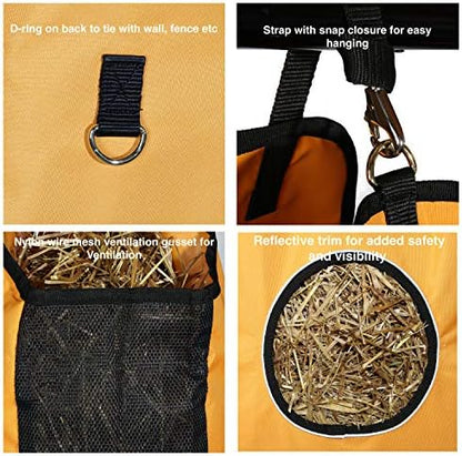 Majestic Ally 1200 D Hay Feeder Tote Bag for Horses, Sheep with Reflective Trim- Reduces Waste - Comes with 36” Hay Net (Purple)