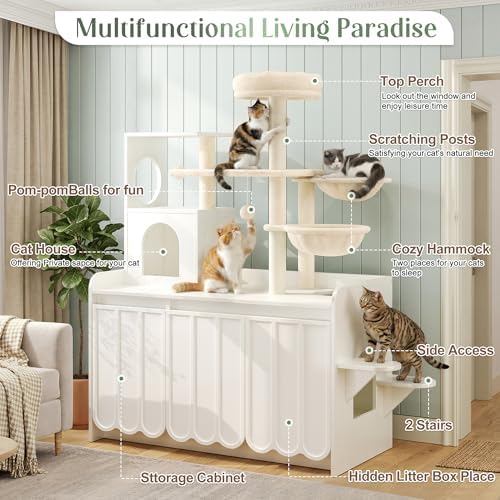 Cat Tree with Litter Box Enclosure, 50.6" Cat Tower & Condo, White