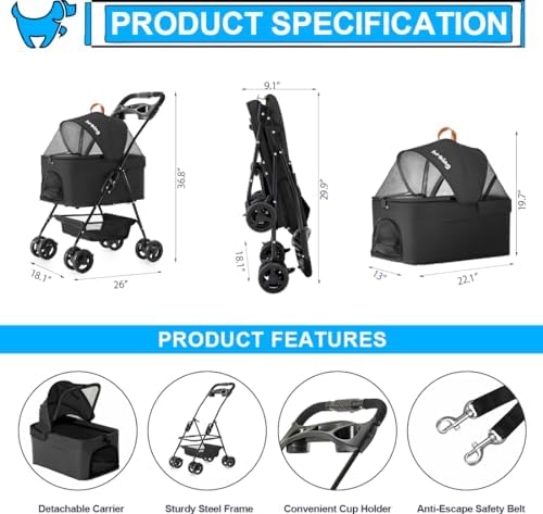 Pet Stroller with Detachable Carrier for Small Dogs & Cats, Black