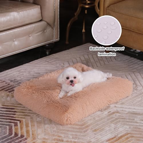 Bedfolks Plush Waterproof Dog Crate Bed, Removable Washable Cover, Faux Fur, Fluffy Kennel Bed 23"x18", Camel