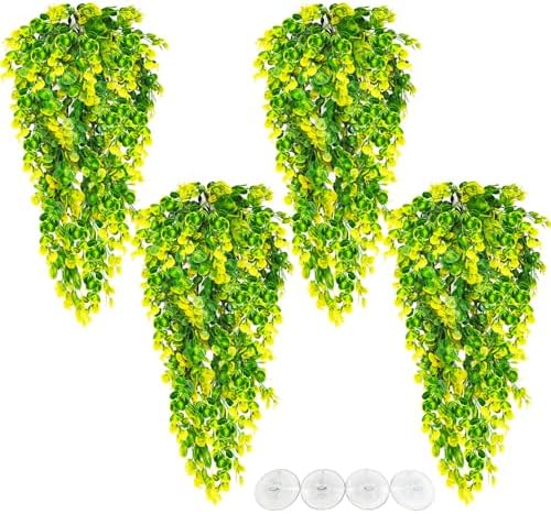 Hamiledyi 4 PCS Reptile Plants Hanging Terrarium Plants Artificial Leaves Habitat Decorations with Suction Cup Green and Yellow Fake Amphibian Plants for Bearded Dragon Lizard Geckos Chameleon