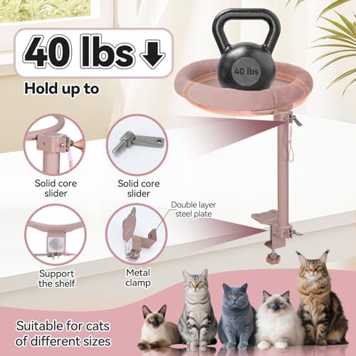 Cat Desk Bed,Steel Cat Bed for Desk,Up and Down Available,360° Rotating, Shelf Height Adjustable, Desktop Attachment Cats Nest Perch Hammock for Office Game Tables, Supports 40lb（Brown）