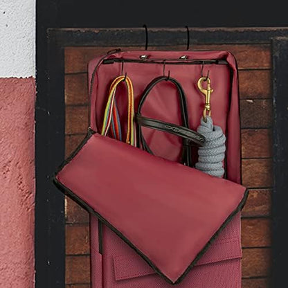 Horse Bridle Bag, Horse Tack Carry Bag with 3 Prong Tack Rack for Halters, Bridle, Harness, Equestrian Reins, Bits and Headstalls (Wine Red)