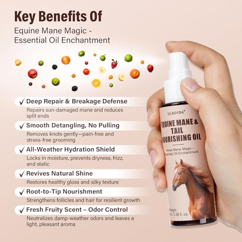 Equine Essential Oil Spray – Olive & Jojoba Blend for Silky Mane & Tail | Smooths, Detangles & Adds Natural Shine | for Horses & Dogs, 3.38 oz