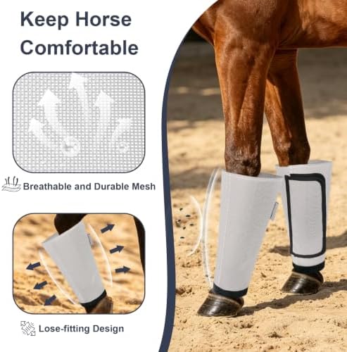 Fly Boots for Horses Set of 4, Equine Loose Fitting Leggings (Sliver White)