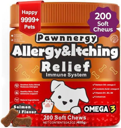 Dog Allergy & Itch Relief Chews - Salmon Oil Omega-3, Omega-6, Vitamin B1/B2/B6, Colostrum Probiotics Supplement for Seasonal Allergy, Hot Spots, Paw Licking, Scratching, 200 Soft Chews