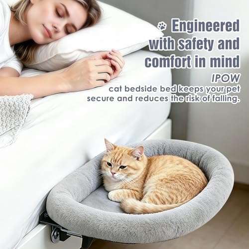 IPOW Heavy Duty Steel Frame 180°Rotating Cat Bedside Bed Semi-Circular Cat Bed for Bedside, Soft Faux Rabbit Fur Material, Suitable for Various Desktops-Maximum Hold Up to 40lb