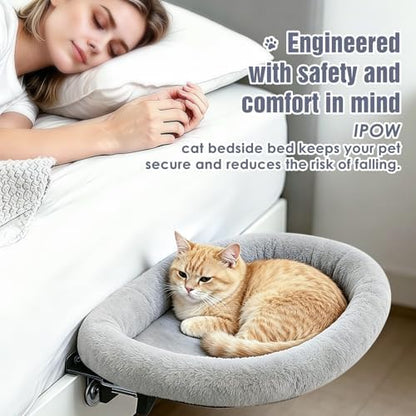 IPOW Heavy Duty Steel Frame 180°Rotating Cat Bedside Bed Semi-Circular Cat Bed for Bedside, Soft Faux Rabbit Fur Material, Suitable for Various Desktops-Maximum Hold Up to 40lb