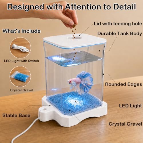 0.5 Gallon Betta Fish Tank Aquarium Starter Kit with Light and Lid(White)