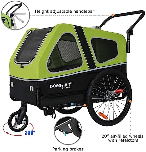 DOGGYHUT® S-Line XL Pet Bike Trailer & Stroller for Large Dogs Up to 100 lbs, Folding Dog Cart with Shock-Absorbing Suspension Wheels, Low Center of Gravity, Parking Brakes