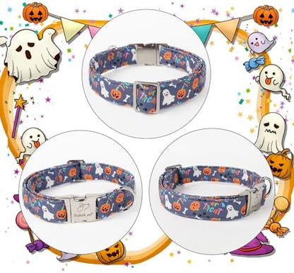 Halloween Dog Collar for Large Dogs - Cute Halloween Ghost Pumpkin Dog Collars, Adjustable Heavy Duty Pet Holiday Collar with Metal Buckle L