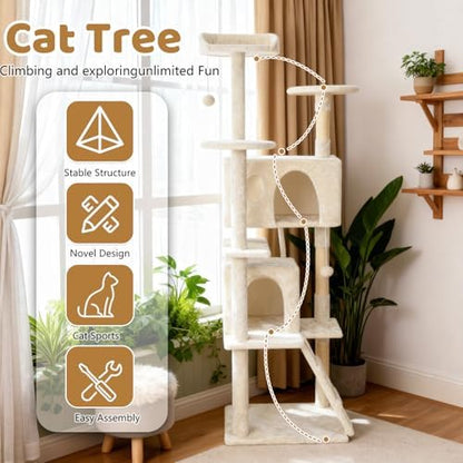BestOffice 62 Inch Cat Tree, Multi-Level Cat Tower with Condo, Perches, Sisal Scratching Posts, Climbing Ladder,Indoor Activity Center Play House for Kittens & Adult Cats, Beige