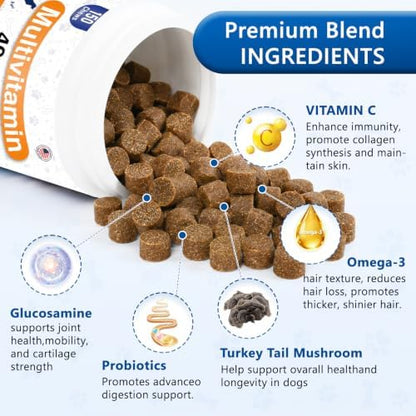 Dog Multivitamin Chews 150ct 40-in-1 Dog Vitamins and Supplements Chewable Contain Probiotics Omega-3 Glucosamine, Multivitamin for Dogs Skin Coat Heart Joint Liver Brain Eyes Immune Support