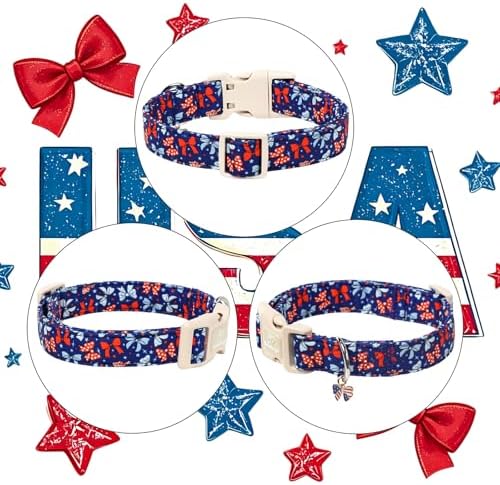 4th of July Dog Collar Navy Patriotic Bow Dog Collars for Medium Dogs - Lightweight Adjustable Independence Day Girl Puppy Collars Cute USA Flag Bow Female Dogs Collar M