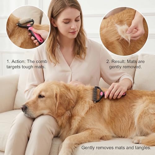 Dematting Comb for Dogs and Cats, Undercoat Rake Pet Brush for Long Hair, Deshedding Dog Brush Removes Tangles Knots and Loose Fur, Grooming Tool for Thick Coats (Blue L*2)
