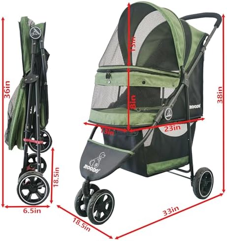 ROODO 3 Wheel Pet Stroller Best Lightweight Foldable Compact Portable Jogger All Terrain Travel Pet Gear Puppy Kitty Stroller for up to 30lbs Medium Small Dogs and Cats(Green)